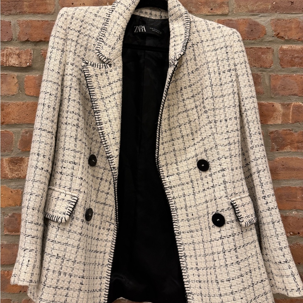 Zara Cream and Black Blazer Tailored Check Design